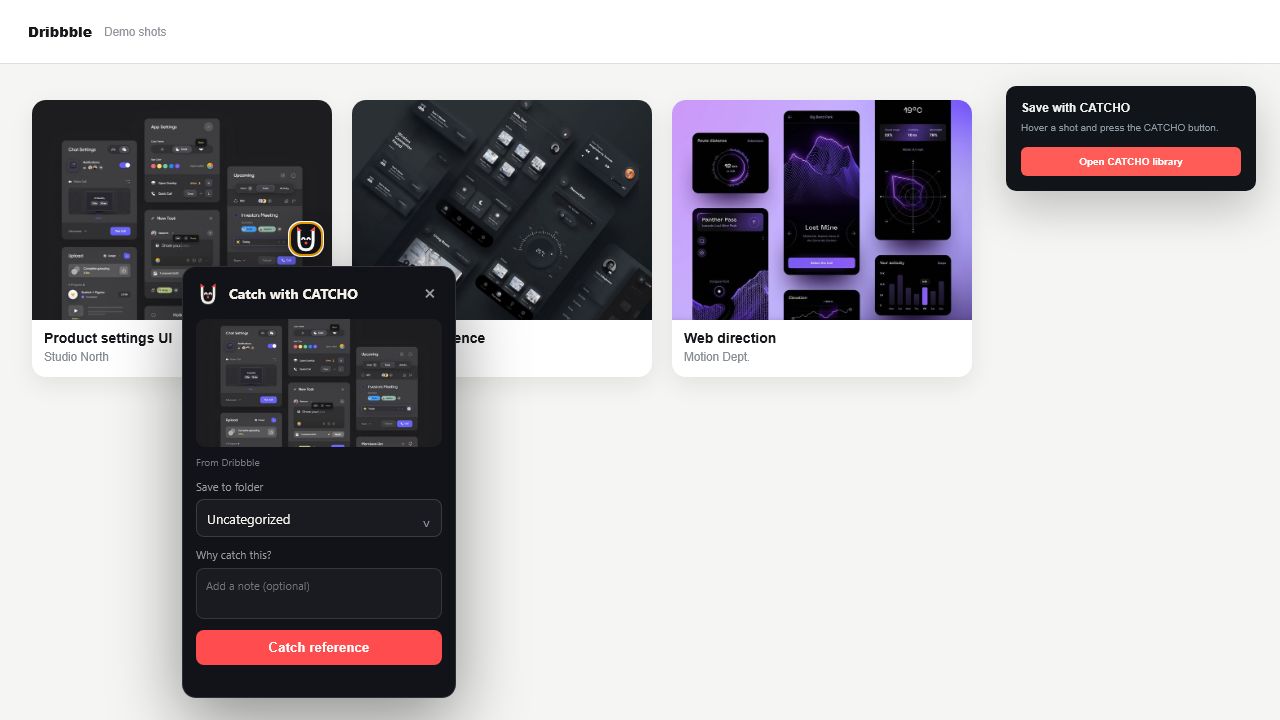 Dribbble uslubidagi lokal demo sahifada CATCHO saqlash jarayoni