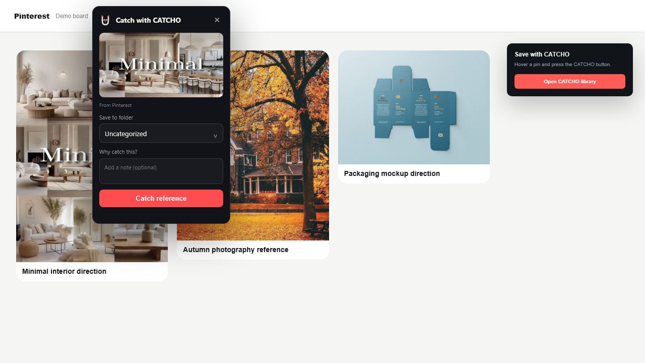 Pinterest uslubidagi lokal demo sahifada CATCHO saqlash jarayoni